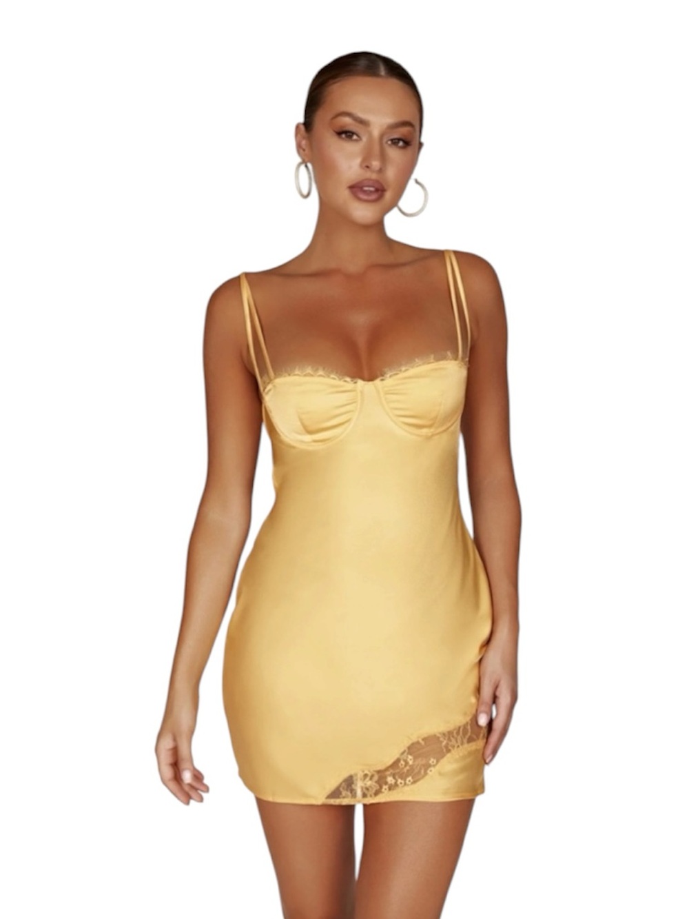Meshki Joslyn Satin Lace Slip Mini Dress Yellow 💛✨